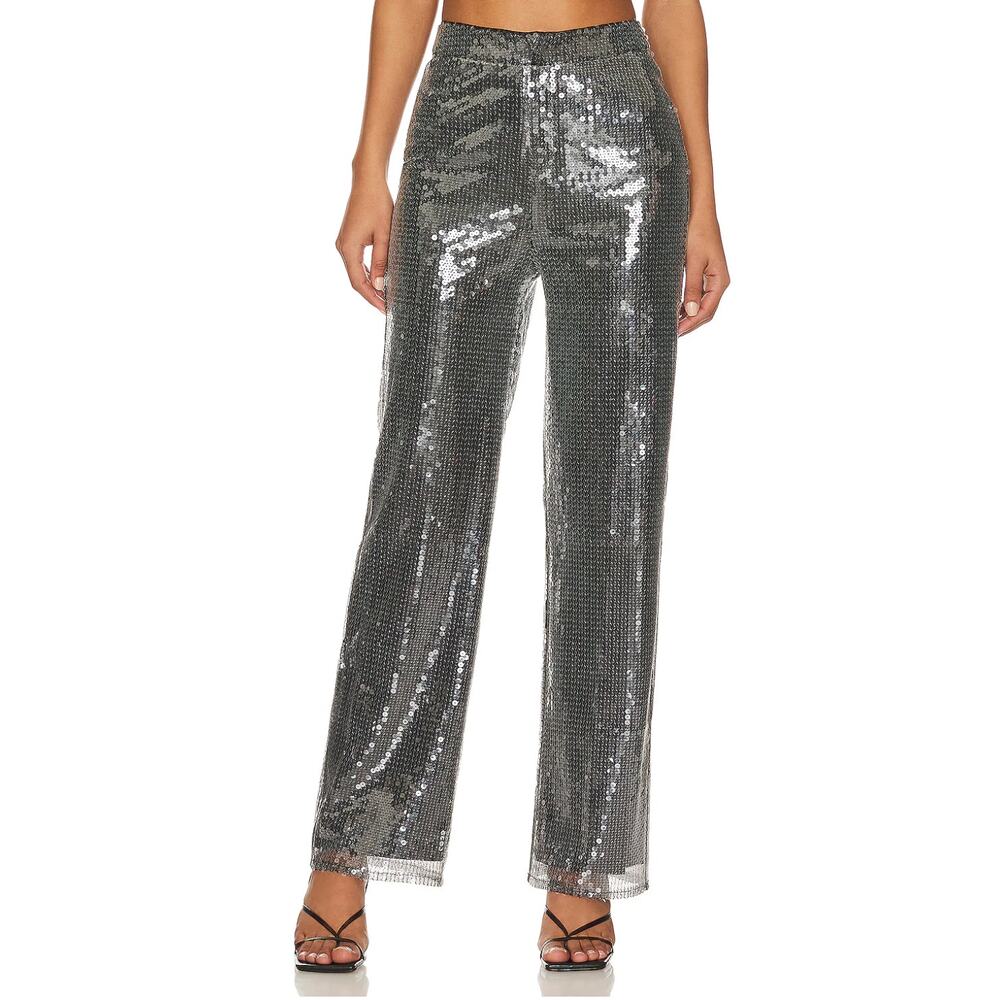 More to Come Georgie Pant Black Clear Sequin Trousers High Rise Straight Sz XS